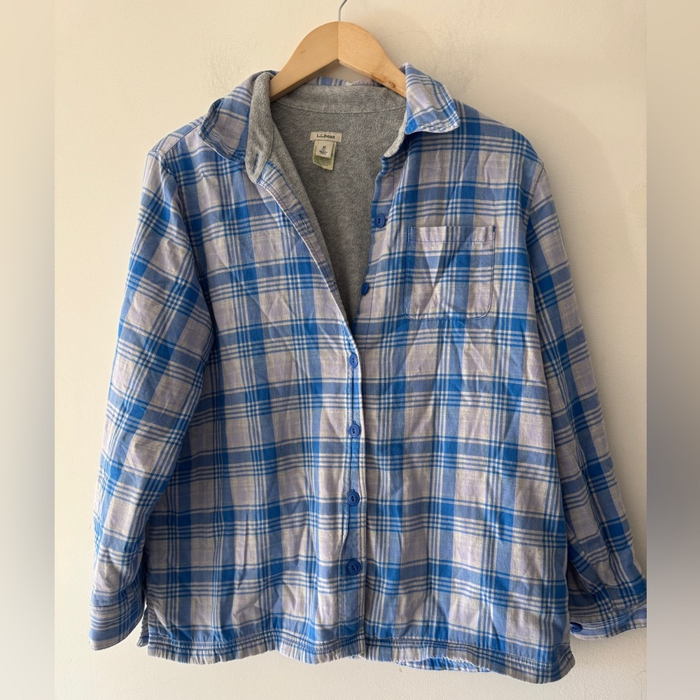 L.L. Bean Women's Blue and White Plaid Button-Up Shirt Jacket